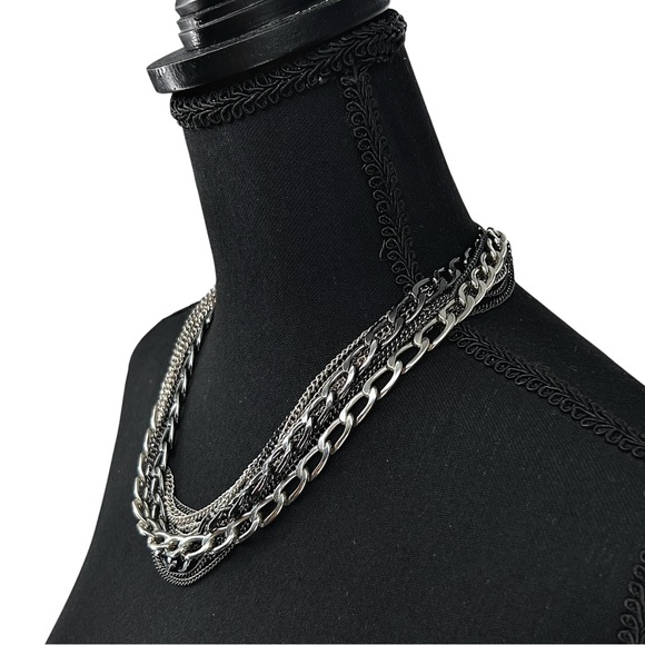 Layered Mixed Metal Chain Necklace Multi Strand Gunmetal Silver Edgy Punk Goth - Picture 12 of 15